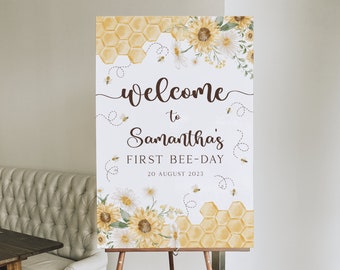 Editable First Bee Day Welcome Signs. Honey Bee 1st Birthday Party Decorations & Supplies. Digital Printable Templates Baby Girl Boy. B5
