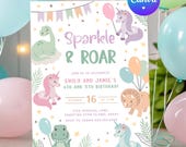 Unicorn and Dinosaur Invitations. Editable Digital Template. Instant Download. Sibling Joint Party. Dual Boy Girl Double Birthday Theme. D1