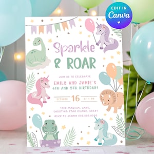 Unicorn and Dinosaur Invitations. Editable Digital Template. Instant Download. Sibling Joint Party. Dual Boy Girl Double Birthday Theme.
