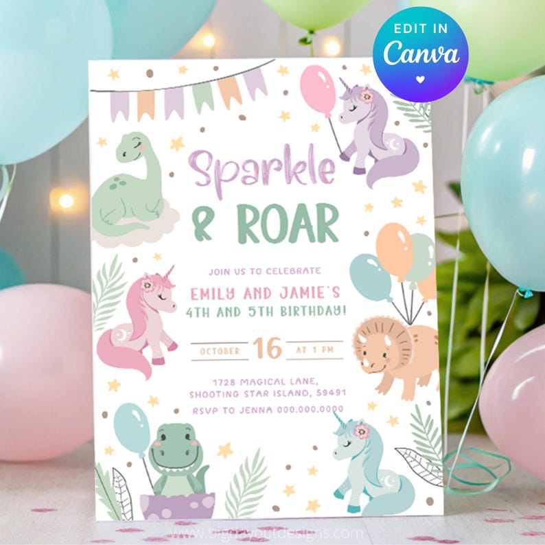 Unicorn and Dinosaur Invitations. Editable Digital Template. Instant Download. Sibling Joint Party. Dual Boy Girl Double Birthday Theme.