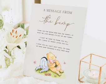 Editable Pooh Message From The Bump Sign. Classic Winnie the Pooh Baby Shower Party Game. Printable Table Sign Digital Canva Template. N1