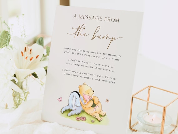 Editable Pooh Message From The Bump Sign. Classic Winnie the Pooh Baby Shower Party Game. Printable Table Sign Digital Canva Template. N1