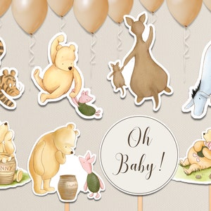Winnie the Pooh Baby Shower Decorations. Editable Gender Neutral Centerpieces. Classic Pooh Bear Balloon Cut Out Vintage Pooh Cake Topper N1