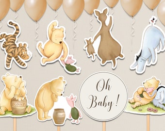 Winnie the Pooh Baby Shower Decorations. Editable Gender Neutral Centerpieces. Classic Pooh Bear Balloon Cut Out Vintage Pooh Cake Topper N1