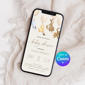 Winnie the Pooh Baby Shower Evite. Classic Vintage Pooh Bear Shower Evite. Watercolor Virtual Invitation. Gender Neutral Digital Template N1