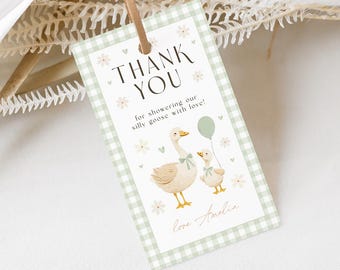 Silly Goose Baby Shower Favors. Mother Goose Printable Tag Sage Green Little Goose Thank You Gift Tag. Gender Neutral Gingham Geese Theme G3