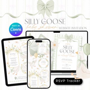 May include: A digital baby shower invitation set featuring a goose theme with sage green bows, floral accents, and the text SILLY GOOSE is almost loose. The design is displayed on a laptop, a tablet, and a smartphone screen with an RSVP tracker label.