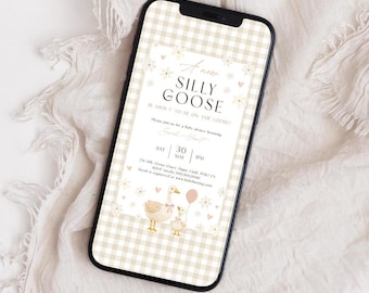 Goose Baby Shower Evite. Gender Neutral Gingham Silly Little Goose Mobile Invitation. Mother Goose Electronic Digital Download Invite. G4