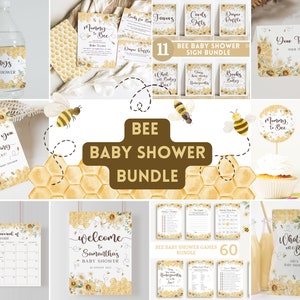 Könnte beinhalten: Ein Set mit bedruckbaren Babyparty-Artikeln zum Thema Biene mit 11 Schildern, 60 Spielen, einem Willkommens-Schild, Dankeskarten, Wasserflaschenetiketten, Cupcake-Toppern und einem Kalender. Das Set zeigt ein gelbes und weißes Wabenmuster mit Bienen und Sonnenblumen.