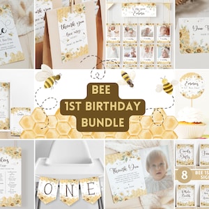 EDITABLE First Bee Birthday Bundle. Printable Gender Neutral Set. Girl Boy 1st Birthday Signs Invites Favors Board Banner Party Supplies. B5