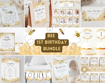 EDITABLE First Bee Birthday Bundle. Printable Gender Neutral Set. Girl Boy 1st Birthday Signs Invites Favors Board Banner Party Supplies. B5