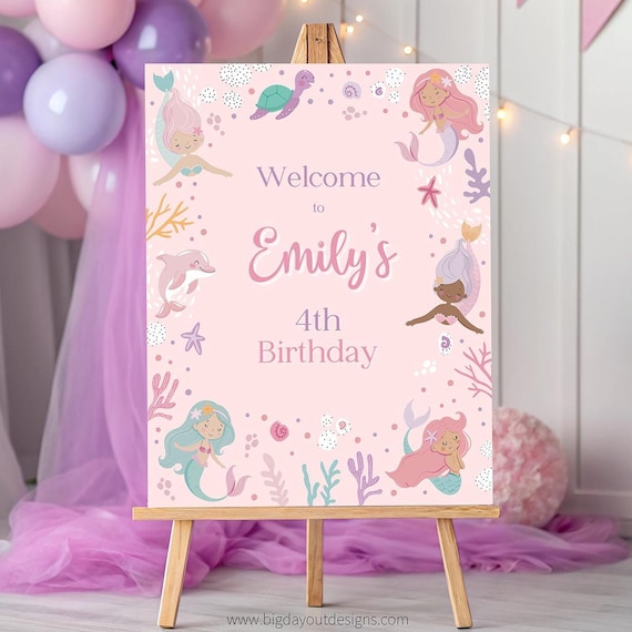 Mermaid Theme Welcome Sign. Editable Template Under the Sea 4th Birthday Decor. Girl Pastel Pink Personalized Digital Instant Download Z1
