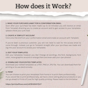 May include: A pink and white graphic with the text "How does it work?" and a list of five steps for creating and using printable templates. The steps include making a purchase, creating an account, editing templates, downloading templates, and printing templates.