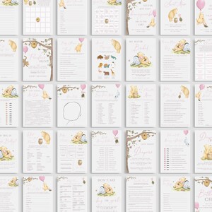 May include: A set of printable Winnie the Pooh baby shower game cards. The cards feature Winnie the Pooh and Piglet characters in various poses. The games include "Guess How Many Honeycombs Are in the Jar", "Don't Say Baby", "My Water Bottle", "Diaper Pong", and "Bottle Chug".