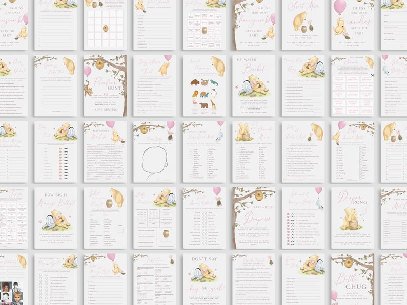May include: A set of printable Winnie the Pooh baby shower game cards. The cards feature Winnie the Pooh and Piglet characters in various poses. The games include "Guess How Many Honeycombs Are in the Jar", "Don't Say Baby", "My Water Bottle", "Diaper Pong", and "Bottle Chug".