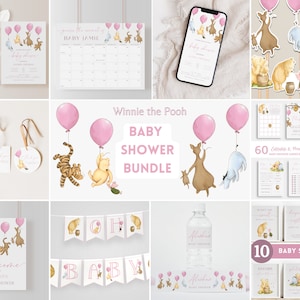 Customizable Pooh Girl Baby Shower Bundle. Vintage Winnie Pink Balloon Baby Shower Set. Instant Templates Package. DIY Games Invite Sign. G1