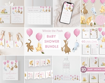 Customizable Pooh Girl Baby Shower Bundle. Vintage Winnie Pink Balloon Baby Shower Set. Instant Templates Package. DIY Games Invite Sign. G1