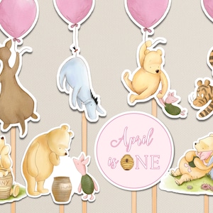 Winnie the Pooh Custom Cake Toppers. Vintage Pooh Girl First Birthday Cupcake Picks. 1st Birthday Cut Outs. Classic Pooh Party Supplies. B3