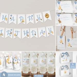 May include: A collection of Winnie the Pooh themed party supplies. Includes a banner that says "Happy Birthday", water bottle labels, gift boxes, and cards. The designs feature illustrations of Winnie the Pooh and friends with blue accents.