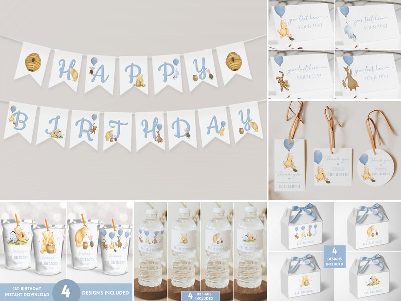 May include: A collection of Winnie the Pooh themed party supplies. Includes a banner that says "Happy Birthday", water bottle labels, gift boxes, and cards. The designs feature illustrations of Winnie the Pooh and friends with blue accents.