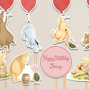 Winnie the Pooh Birthday Decorations. Classic Pooh Party. Bear Editable Template Boy Table Centerpiece. First Birthday Balloons Cake Topper.