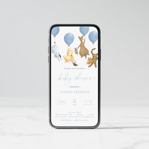 May include: A blue and white baby shower invitation with Winnie the Pooh and friends holding balloons. The text reads "Please join us for a baby shower honoring Aleshia Freeman, Saturday, September 15 at 1 p.m. The Lake House, 123 Main Street, Anytown, USA. RSVP to [email protected] by September 1. Registered at Target & Amazon."