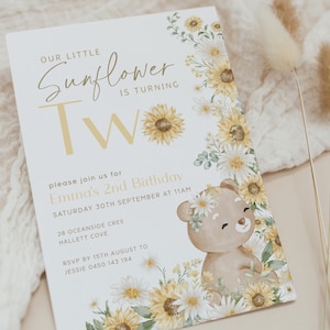 Sunflower 2nd Birthday Girl Invitation. 2 Years Old Birthday Invite. Printable Digital Floral Invitations for Girls Second Birthday Party H1