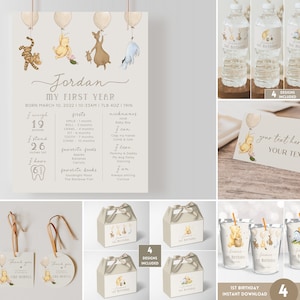 May include: A Winnie the Pooh themed first birthday party printable set with a variety of items including a milestone poster, favor tags, water bottle labels, favor boxes, and juice pouch labels. The poster features a Winnie the Pooh character and the text "Jordan My First Year".
