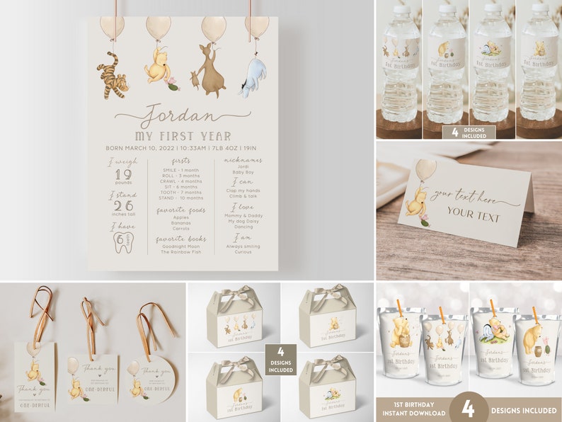 May include: A Winnie the Pooh themed first birthday party printable set with a variety of items including a milestone poster, favor tags, water bottle labels, favor boxes, and juice pouch labels. The poster features a Winnie the Pooh character and the text "Jordan My First Year".