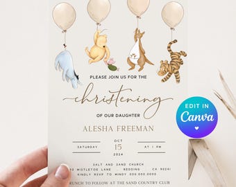Editable Vintage Pooh Christened Baby Invitation. Unique Baptism Invite Gender Neutral. Balloon Boy Girl DIY Printable Template by Mail. M1