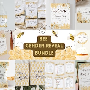 Op de afbeelding: Een bee-thema gender reveal party printbare bundel met een honingraatpatroon, gele en witte kleuren en de tekst "Bee Gender Reveal Bundle". De bundel bevat printbare borden, cupcake toppers en feestgunsten.