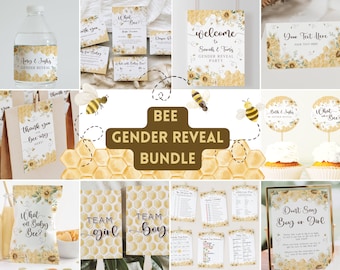 May include: A bee-themed gender reveal party printable bundle with a honeycomb pattern, yellow and white colors, and text that says "Bee Gender Reveal Bundle". The bundle includes printable signs, cupcake toppers, and party favors.