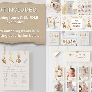 May include: Winnie the Pooh themed first birthday party decorations. The set includes a banner, signs, a printable poster, and a photo collage. The decorations are in shades of yellow, brown, and white.