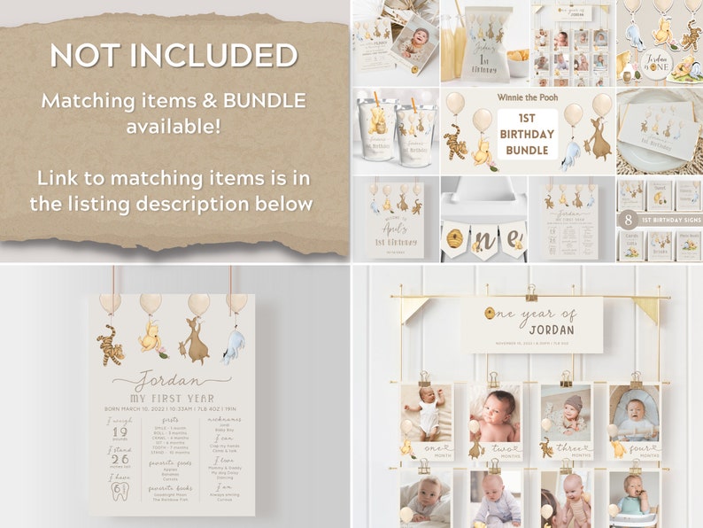 May include: Winnie the Pooh themed first birthday party decorations. The set includes a banner, signs, a printable poster, and a photo collage. The decorations are in shades of yellow, brown, and white.