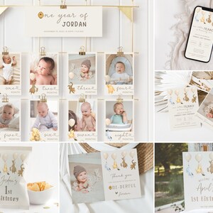 May include: A Winnie the Pooh themed first birthday party invitation with a yellow, brown, and blue color scheme. The invitation features a Winnie the Pooh character holding balloons with a banner that says "Hunny".