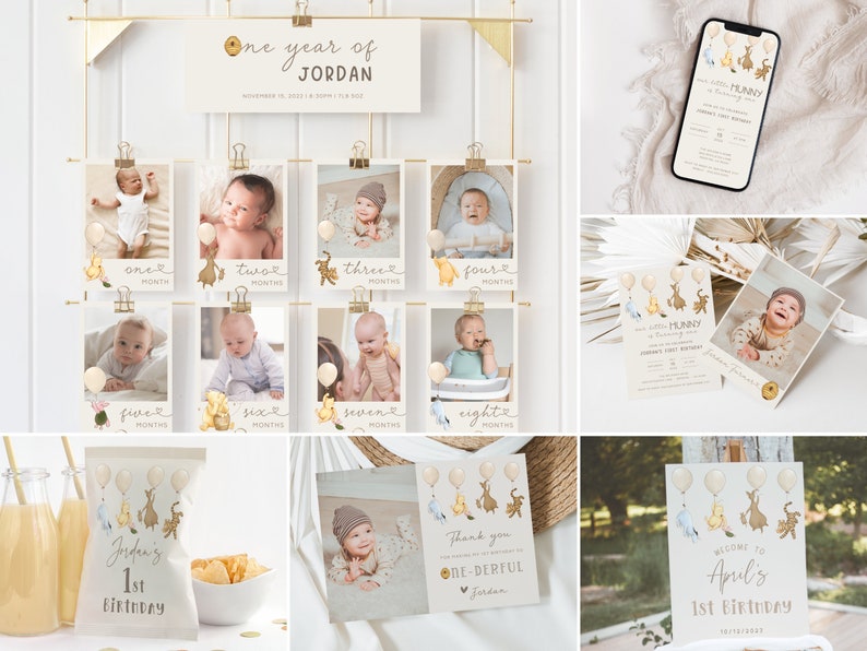 May include: A Winnie the Pooh themed first birthday party invitation with a yellow, brown, and blue color scheme. The invitation features a Winnie the Pooh character holding balloons with a banner that says "Hunny".
