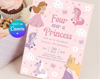 Forever a Princess Invitation. Four Ever a Princess & Unicorn 4th Birthday Invite Printable Girl Pink Fourth Party Theme Digital Download P2