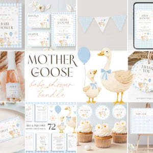 Silly Goose Baby Shower Bundle. Fun Editable Mother Goose Invitation, Games Set, Floral Boy Blue Gingham Party Decor, Printable Templates G2