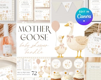 Silly Goose Baby Shower Bundle. Gender Neutral Gingham Mother Goose Invitation, Fun Editable Games Set, Party Decor, Printable Templates. G4