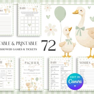 Silly Goose Baby Shower Games. Gender Neutral Gingham Mother Goose Bundle. Sage Green Little Goose Party Game Set Editable Fun Activities G3