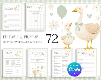 Silly Goose Baby Shower Games. Gender Neutral Gingham Mother Goose Bundle. Sage Green Little Goose Party Game Set Editable Fun Activities G3
