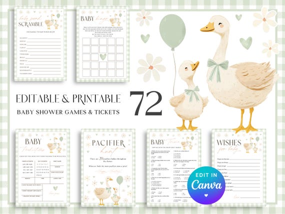 Silly Goose Baby Shower Games. Gender Neutral Gingham Mother Goose Bundle. Sage Green Little Goose Party Game Set Editable Fun Activities G3