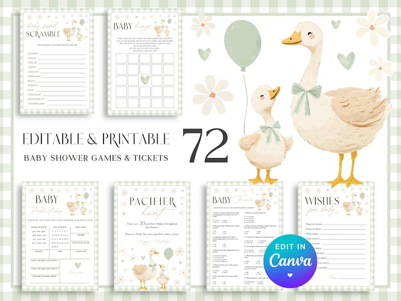 Silly Goose Baby Shower Games. Gender Neutral Gingham Mother Goose Bundle. Sage Green Little Goose Party Game Set Editable Fun Activities