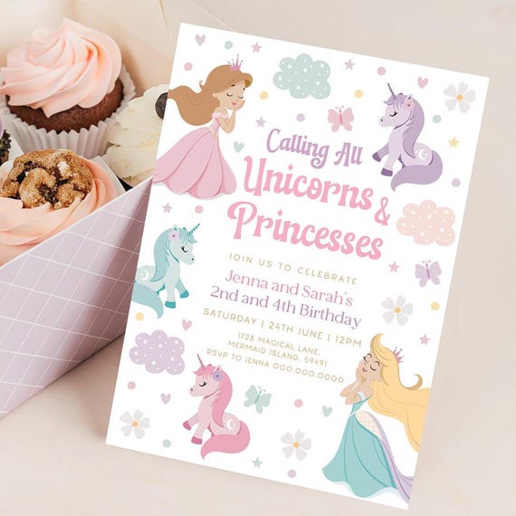 Joint Birthday Invitation Princess. Double Unicorn Princess Invite Digital. Sister Kids Party. Pastel Magical Rainbow Sibling Girl Theme. P2