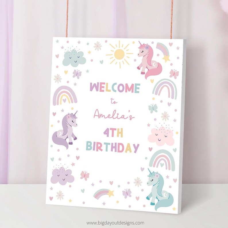 Unicorn Four Birthday Welcome Sign