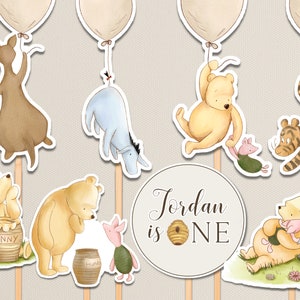 Pooh 1st Birthday Decoration. Vintage Winnie the Pooh Custom Cake Topper. Gender Neutral One Centerpiece. Personalized Printable Cut Outs B2