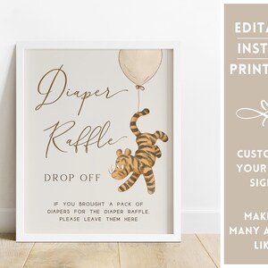 K&ouml;nnte beinhalten: Druckbarer Schild mit einem Cartoon-Tiger, der einen Ballon mit der Aufschrift "Diaper Raffle Drop Off" h&auml;lt. Das Schild lautet "Wenn Sie eine Packung Windeln f&uuml;r die Windeltombola mitgebracht haben, lassen Sie sie bitte hier."