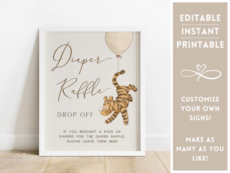 K&ouml;nnte beinhalten: Druckbarer Schild mit einem Cartoon-Tiger, der einen Ballon mit der Aufschrift "Diaper Raffle Drop Off" h&auml;lt. Das Schild lautet "Wenn Sie eine Packung Windeln f&uuml;r die Windeltombola mitgebracht haben, lassen Sie sie bitte hier."