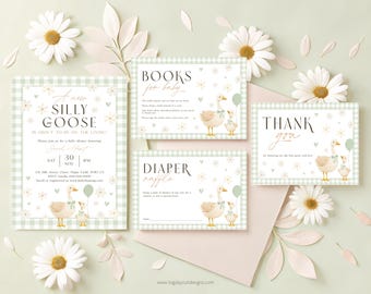 Mother Goose Baby Shower Bundle. Gender Neutral Sage Green Gingham Silly Goose On The Loose Invitation. Printable Geese Party Invite. G3