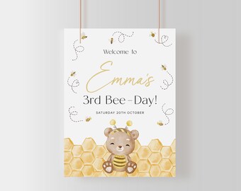 Editable 3rd Bee Birthday Decor Custom Welcome Sign. Baby Bear Party Honey Bee Decorations. Instant Download Digital Printable Template. J5